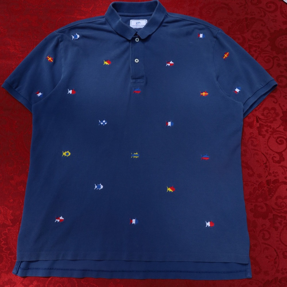 Southern Tide Polo Mens Large Navy Blue Good Embroidered Fish Nautical Flags